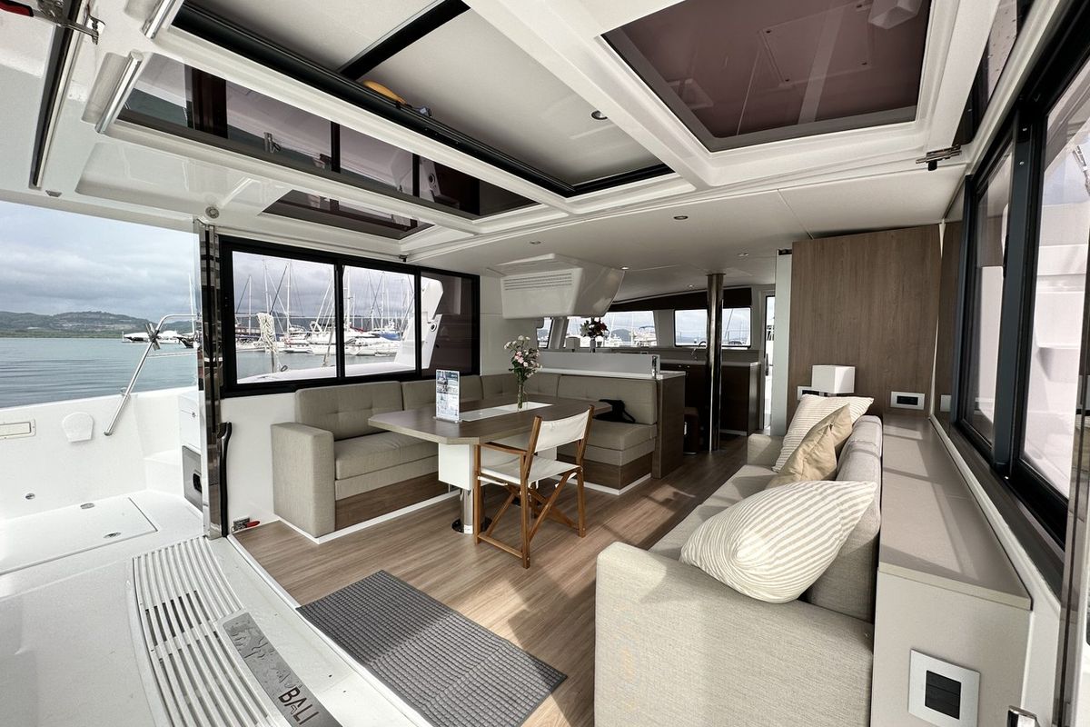 Salon of Joyous, a Bali 4.2 catamaran at Mai Khao, Thailand