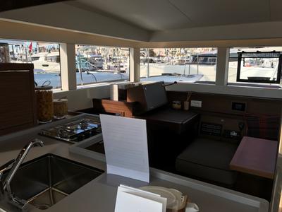 Salon of Saudade, a Lagoon 40 catamaran at Olbia, Italy