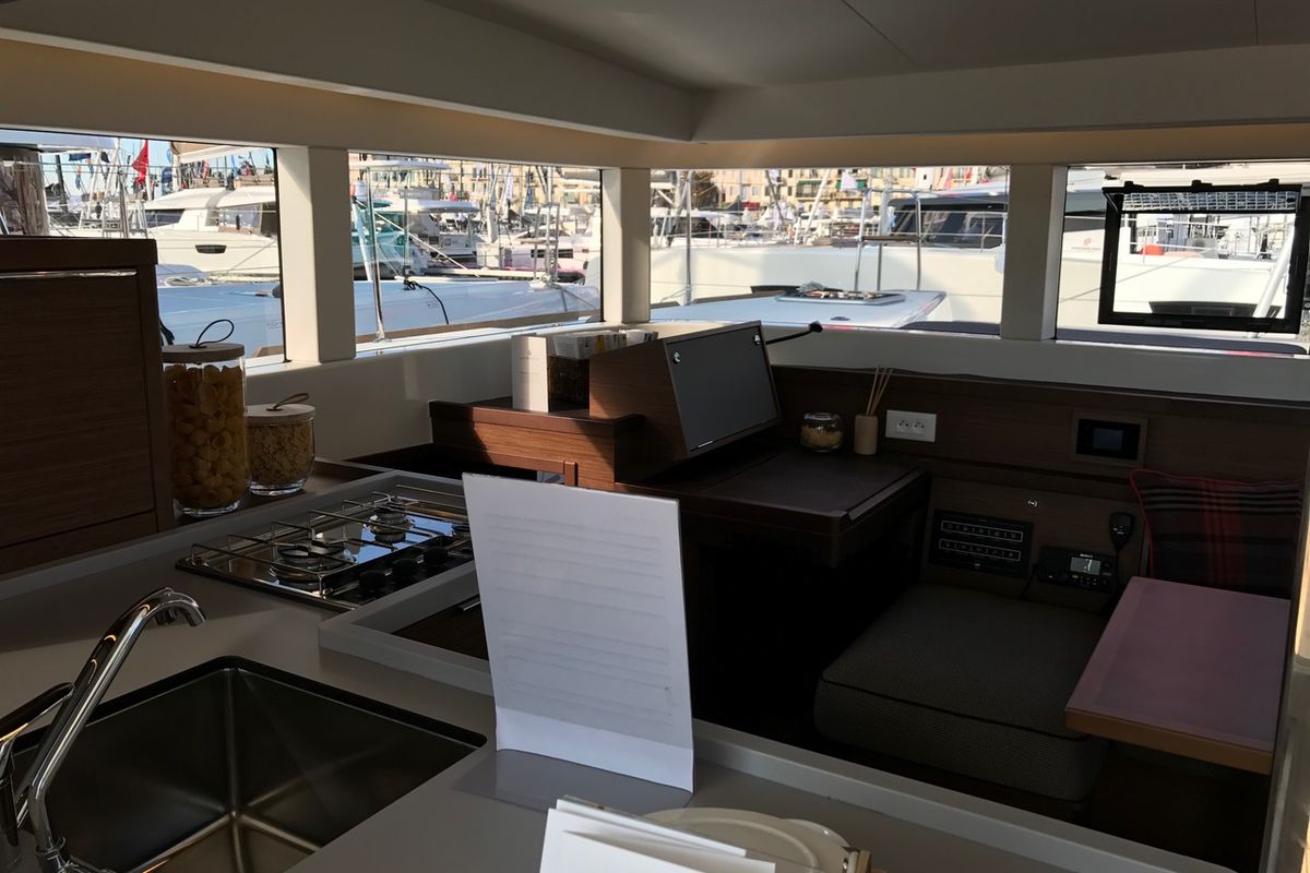 Salon of Saudade, a Lagoon 40 catamaran at Olbia, Italy