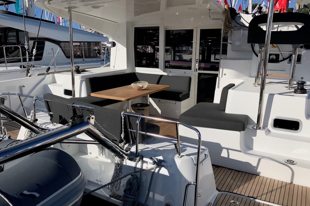 Deck of Saudade, a Lagoon 40 catamaran at Olbia, Italy