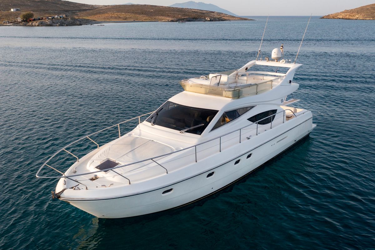 Exterior view of Arabella, a Ferretti 480 motorboat at Parikia, Greece