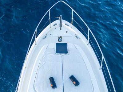 Deck of Arabella, a Ferretti 480 motorboat at Parikia, Greece