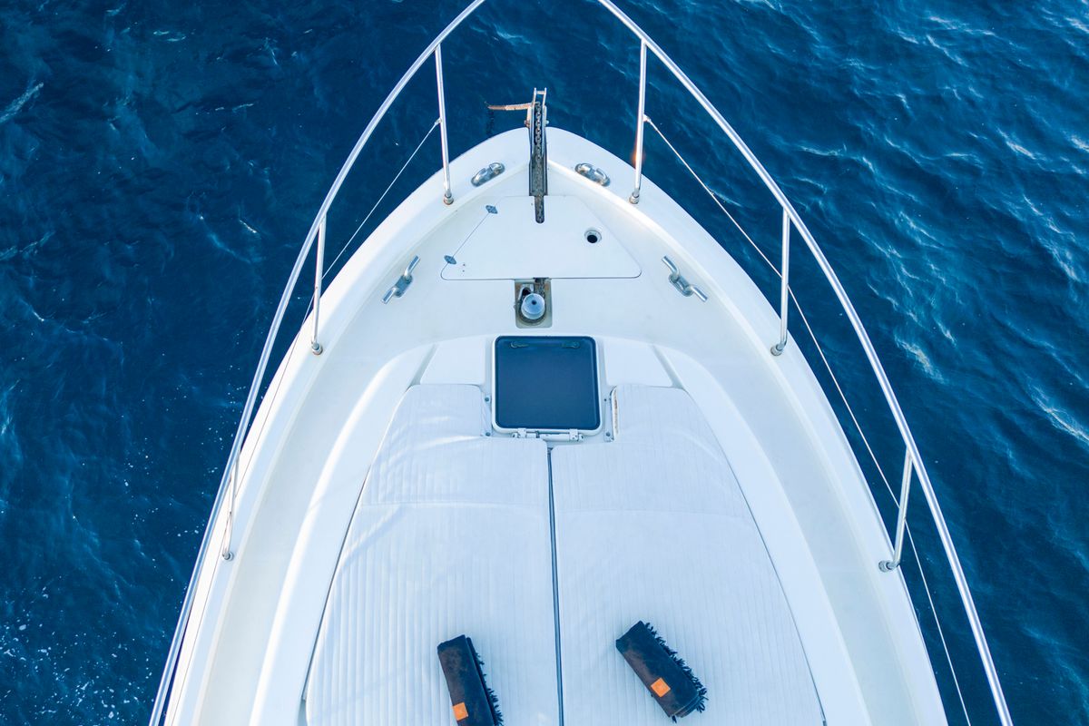 Deck of Arabella, a Ferretti 480 motorboat at Parikia, Greece