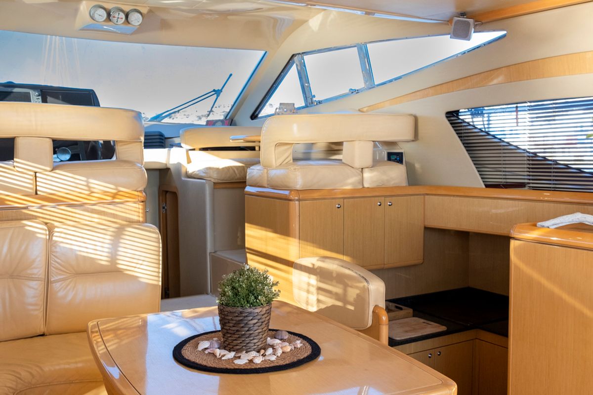 Salon of Arabella, a Ferretti 480 motorboat at Parikia, Greece