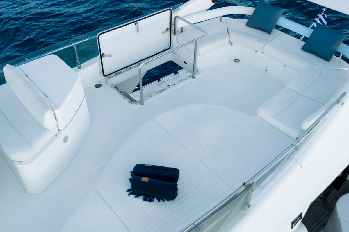 Deck of Arabella, a Ferretti 480 motorboat at Parikia, Greece