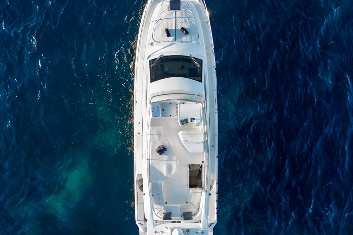 Exterior view of Arabella, a Ferretti 480 motorboat at Parikia, Greece