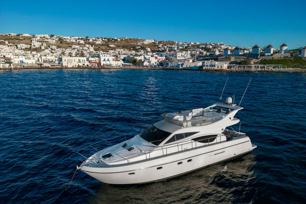 Exterior view of Arabella, a Ferretti 480 motorboat at Parikia, Greece