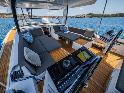 Cockpit of Darling Ow, a Hanse Yachts Hanse 510 sailboat at Seget Donji, Croatia