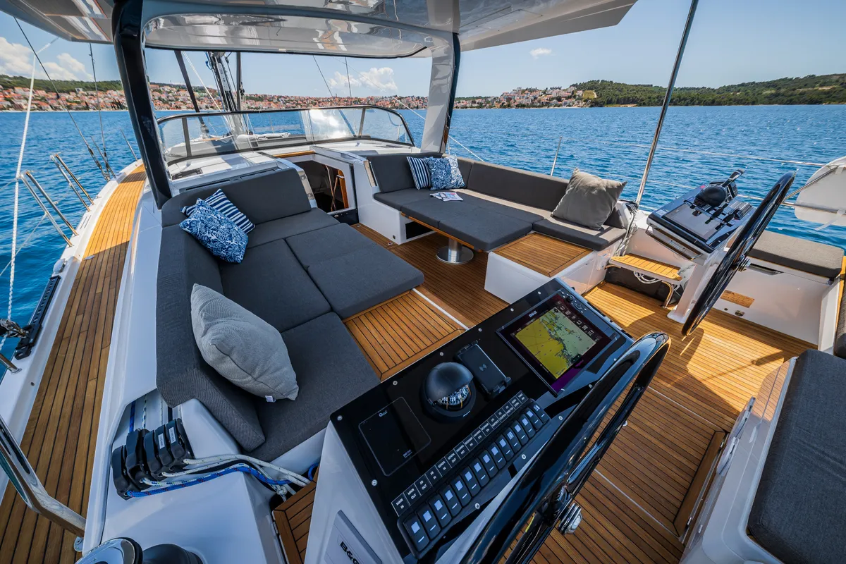 Cockpit of Darling Ow, a Hanse Yachts Hanse 510 sailboat at Seget Donji, Croatia