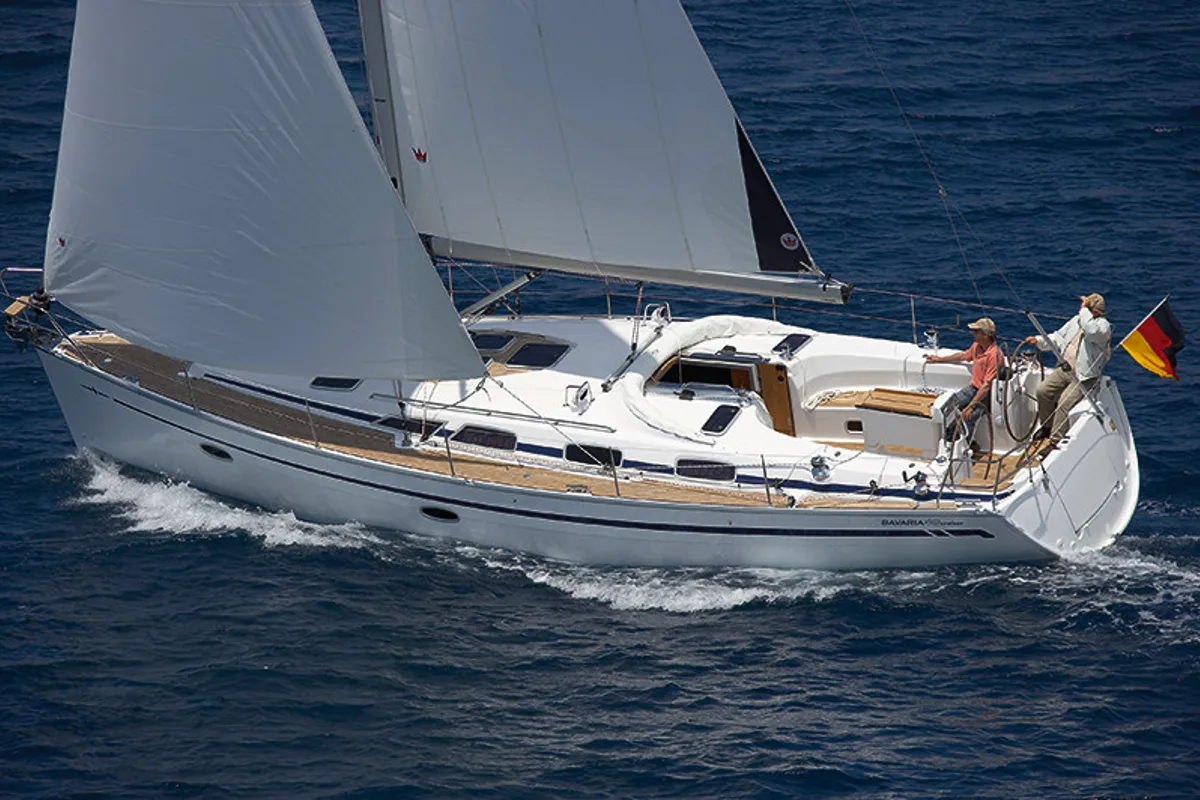 Exterior view of Ariadni, a Bavaria Cruiser 46 sailboat at Municipal Unit of Lefkada, Greece