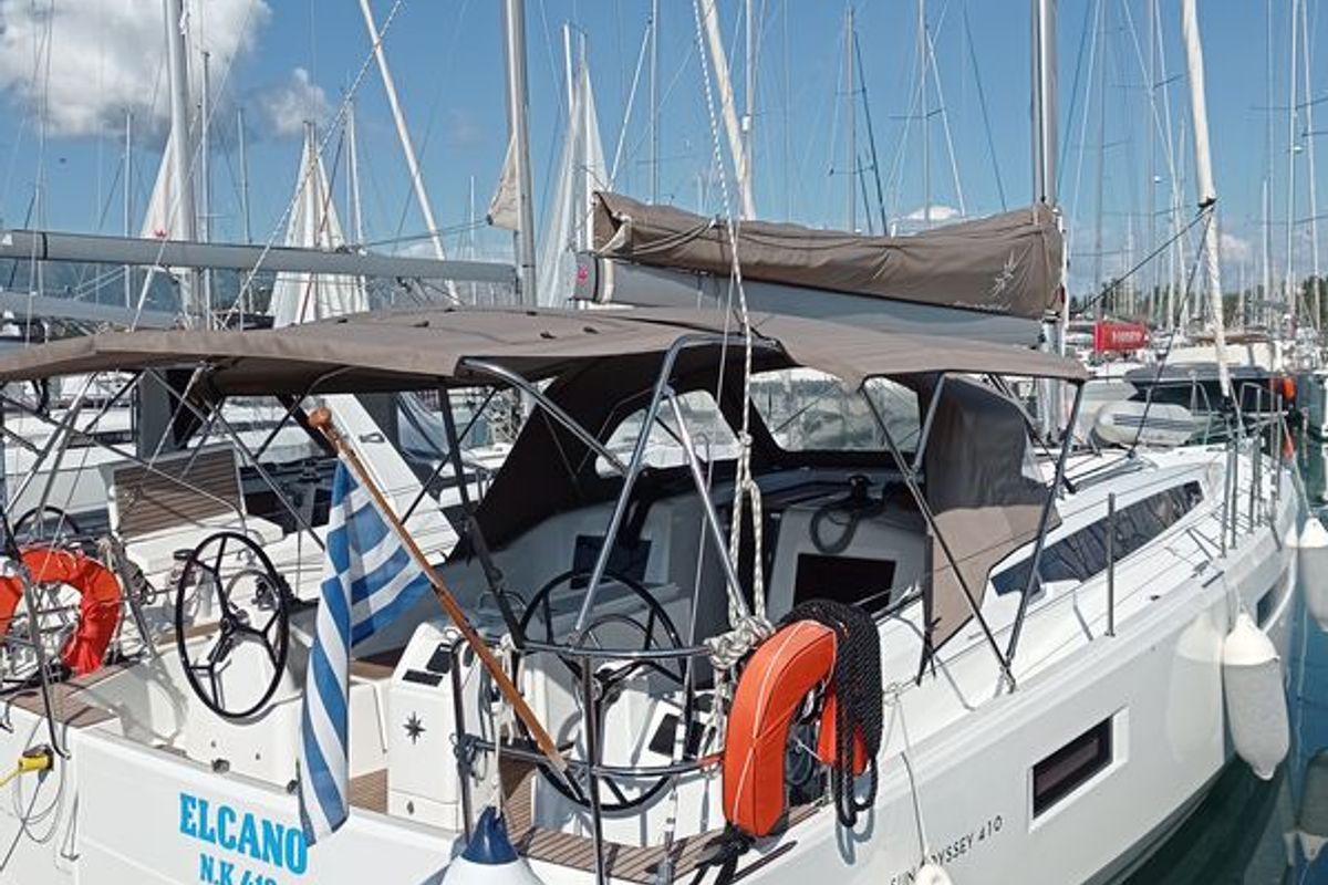 Exterior view of Elcano, a Jeanneau Sun Odyssey 410 sailboat at Municipal Unit of Lefkada, Greece