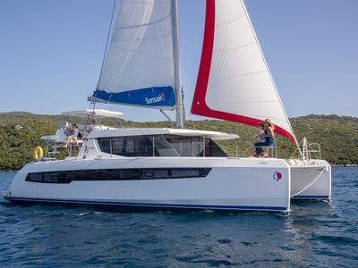Exterior view of Sunsail 454L Classic, a Leopard 45 catamaran at Eden Island Marina, Seychelles