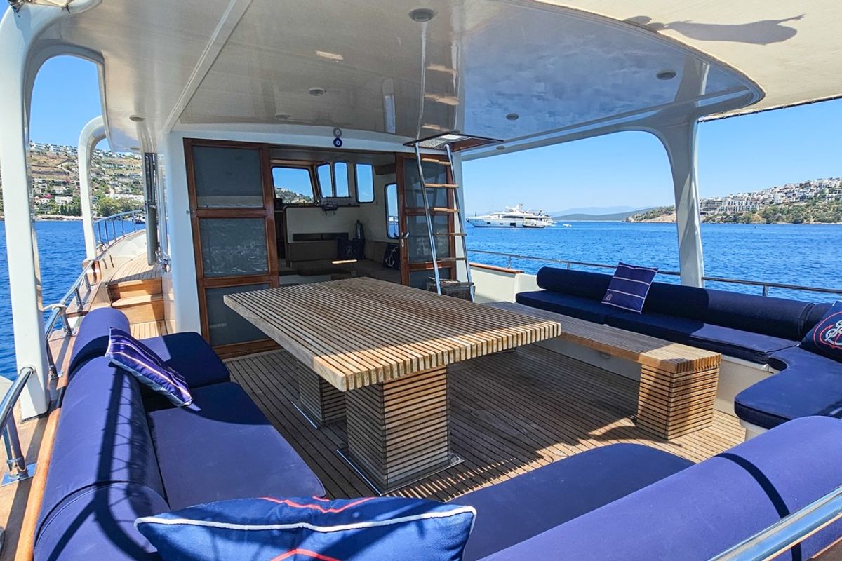 Deck of Sevill, a Gulet Custom built 183 yacht at Bodrum, Turkey