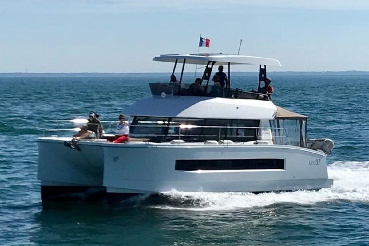 Exterior view of ROSSINANTE, a Fountaine Pajot MY37 catamaran at Cogolin, France