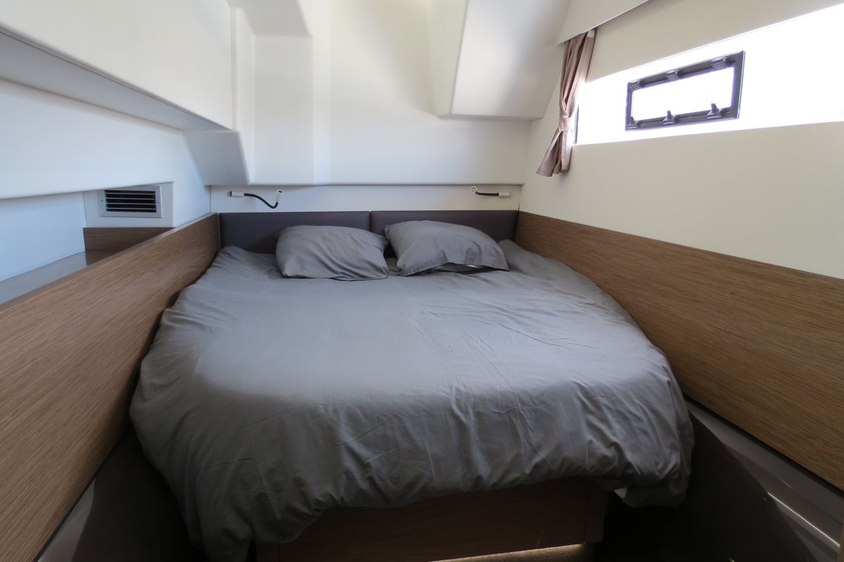 Cabin on ROSSINANTE, a Fountaine Pajot MY37 catamaran at Cogolin, France