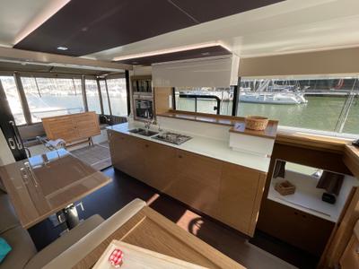Salon of ROSSINANTE, a Fountaine Pajot MY37 catamaran at Cogolin, France