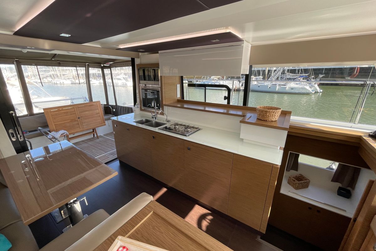 Salon of ROSSINANTE, a Fountaine Pajot MY37 catamaran at Cogolin, France