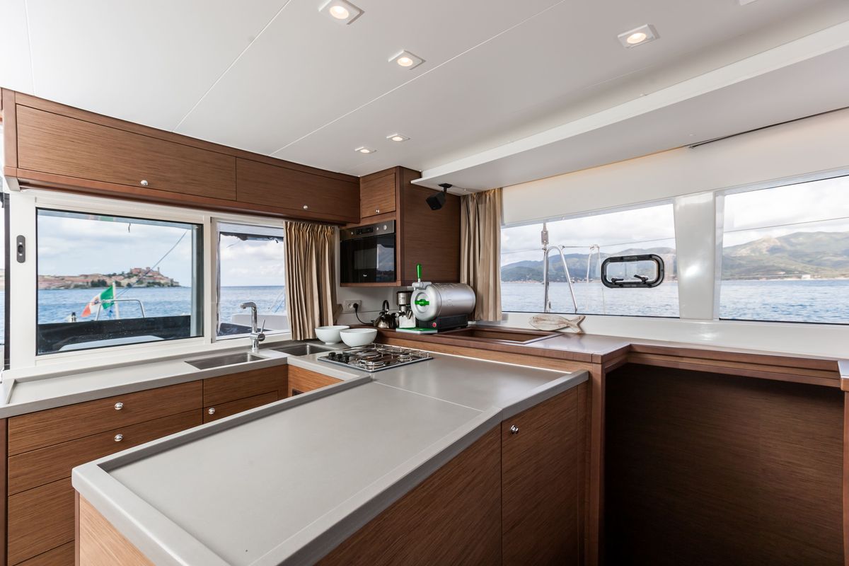 Galley of Harael, a Lagoon 450 Fly catamaran at Figari/Golfo Aranci, Italy