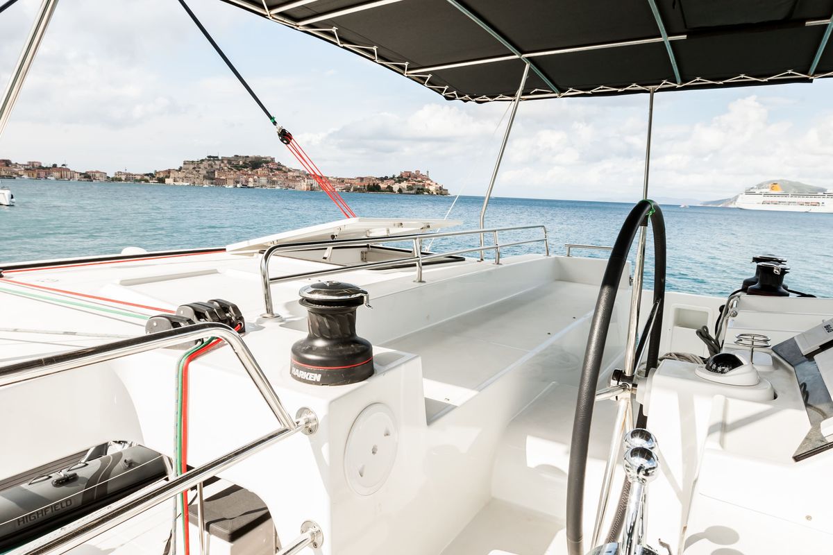 Cockpit of Harael, a Lagoon 450 Fly catamaran at Figari/Golfo Aranci, Italy