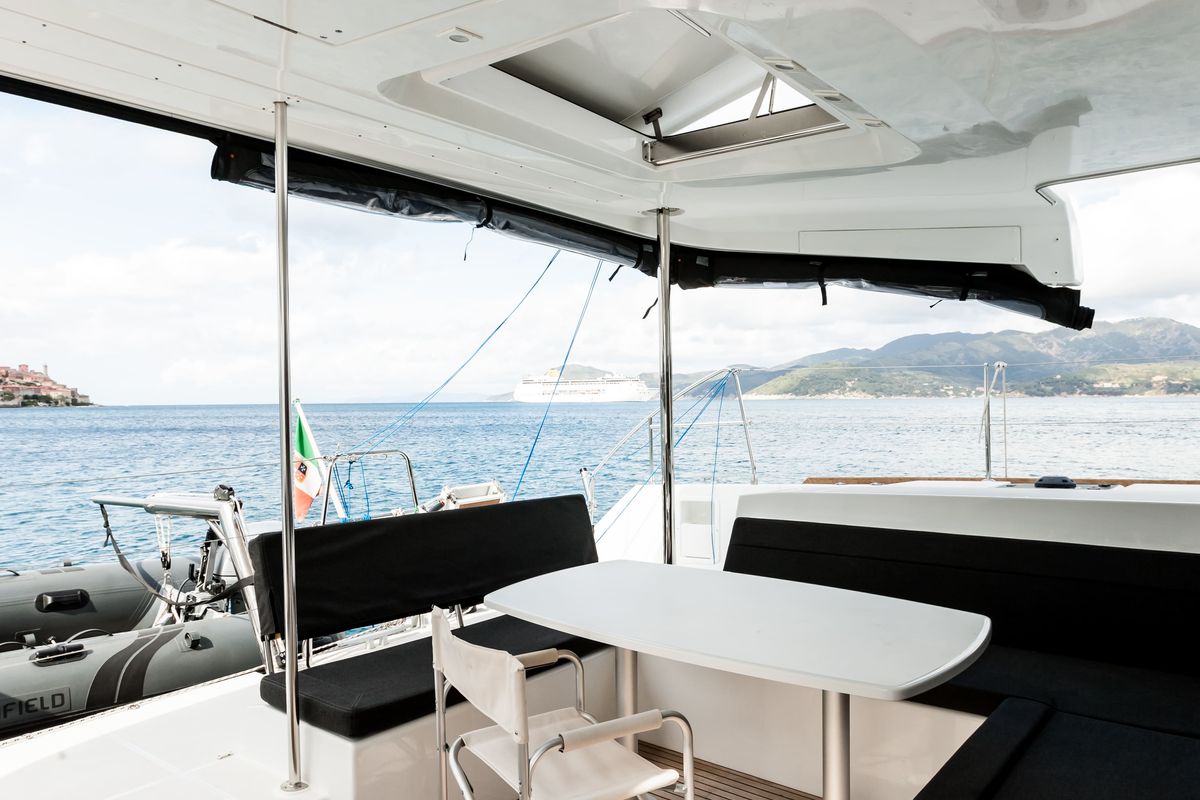 Deck of Harael, a Lagoon 450 Fly catamaran at Figari/Golfo Aranci, Italy