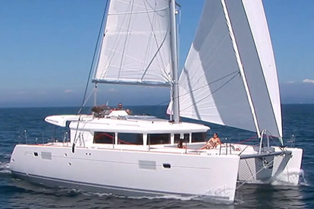 Exterior view of Harael, a Lagoon 450 Fly catamaran at Figari/Golfo Aranci, Italy
