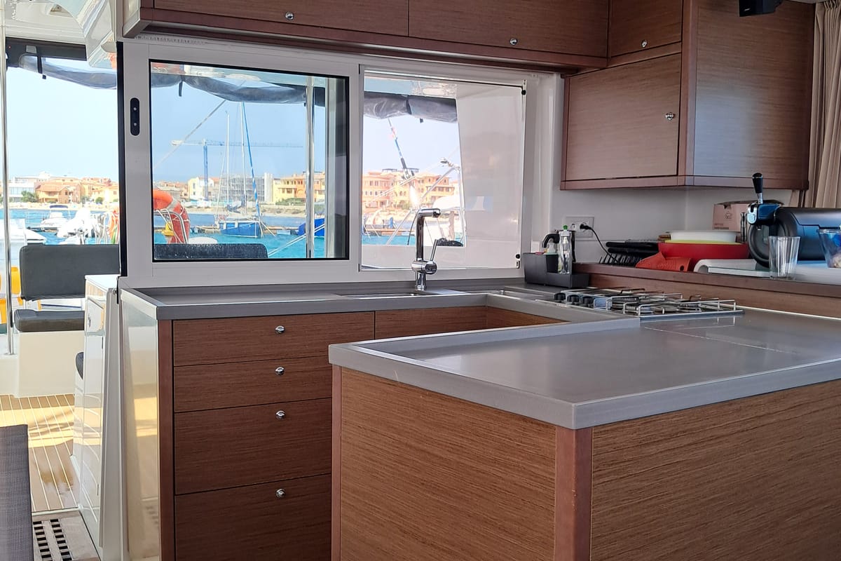 Galley of Harael, a Lagoon 450 Fly catamaran at Figari/Golfo Aranci, Italy