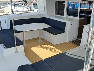 Deck of Harael, a Lagoon 450 Fly catamaran at Figari/Golfo Aranci, Italy