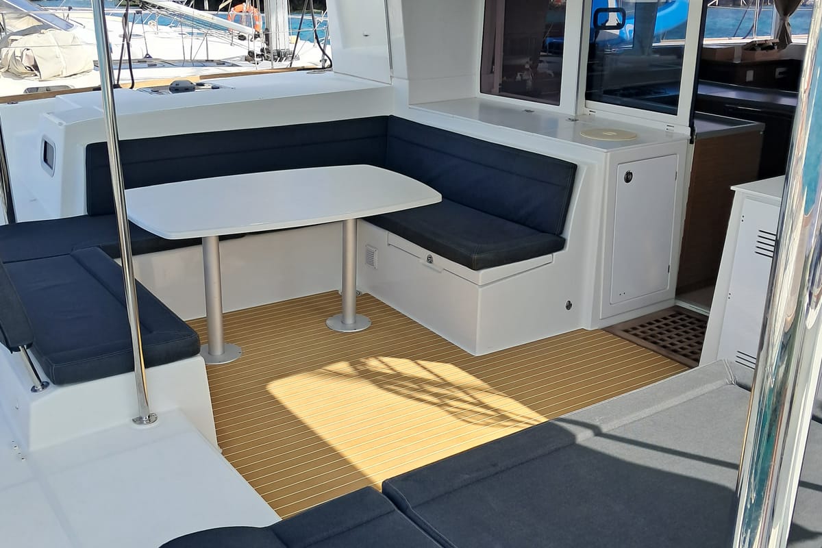 Deck of Harael, a Lagoon 450 Fly catamaran at Figari/Golfo Aranci, Italy
