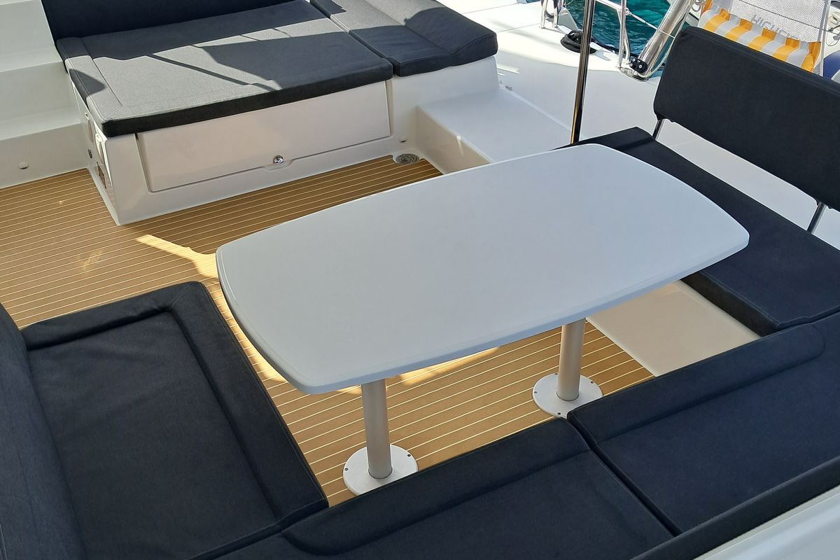 Deck of Harael, a Lagoon 450 Fly catamaran at Figari/Golfo Aranci, Italy