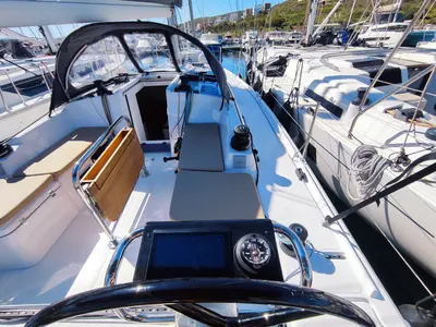 Cockpit of Fizzy, a Beneteau First 36 sailboat at Lavreotiki Municipal Unit, Greece
