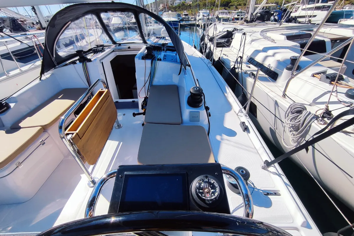 Cockpit of Fizzy, a Beneteau First 36 sailboat at Lavreotiki Municipal Unit, Greece