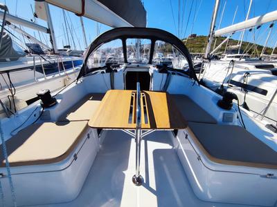 Deck of Fizzy, a Beneteau First 36 sailboat at Lavreotiki Municipal Unit, Greece