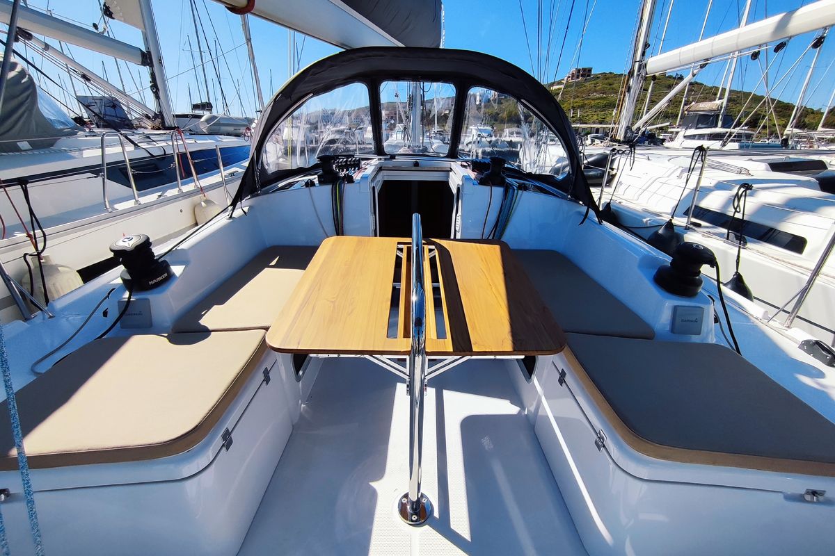 Deck of Fizzy, a Beneteau First 36 sailboat at Lavreotiki Municipal Unit, Greece