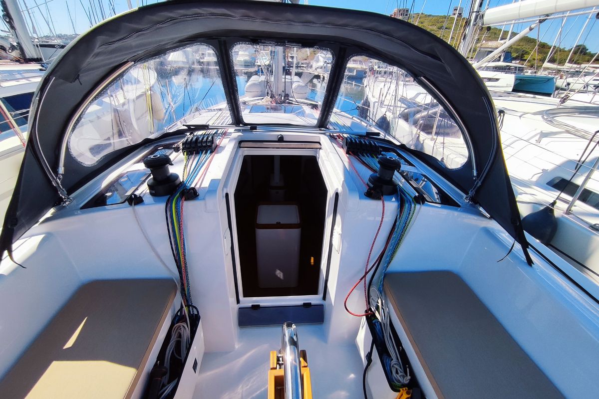 Deck of Fizzy, a Beneteau First 36 sailboat at Lavreotiki Municipal Unit, Greece