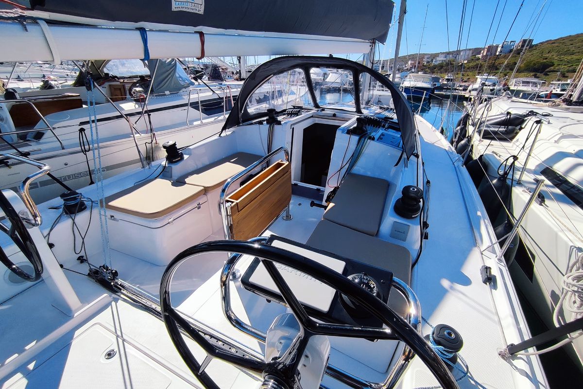 Cockpit of Fizzy, a Beneteau First 36 sailboat at Lavreotiki Municipal Unit, Greece