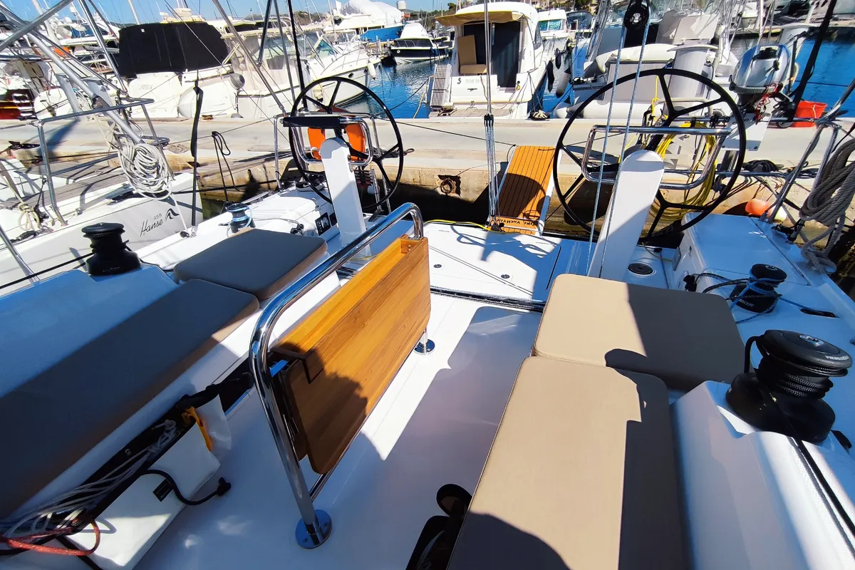 Deck of Fizzy, a Beneteau First 36 sailboat at Lavreotiki Municipal Unit, Greece