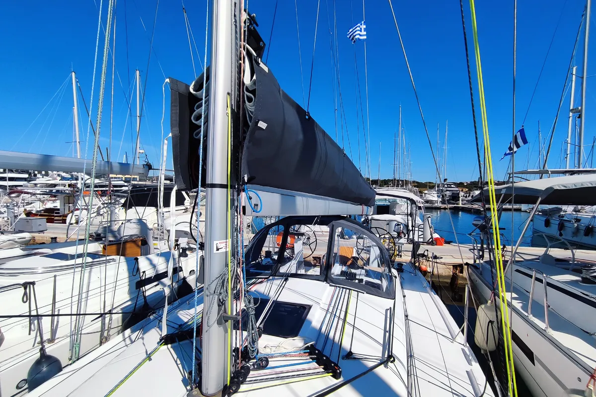 Deck of Fizzy, a Beneteau First 36 sailboat at Lavreotiki Municipal Unit, Greece