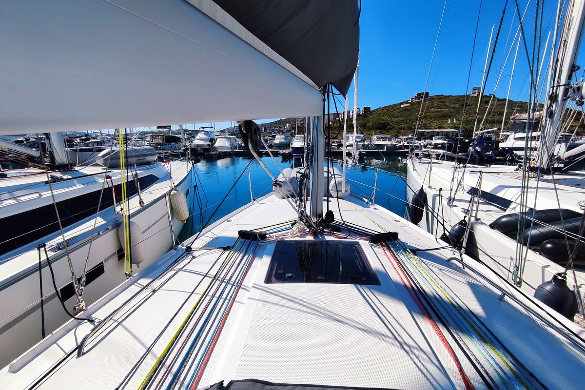 Deck of Fizzy, a Beneteau First 36 sailboat at Lavreotiki Municipal Unit, Greece