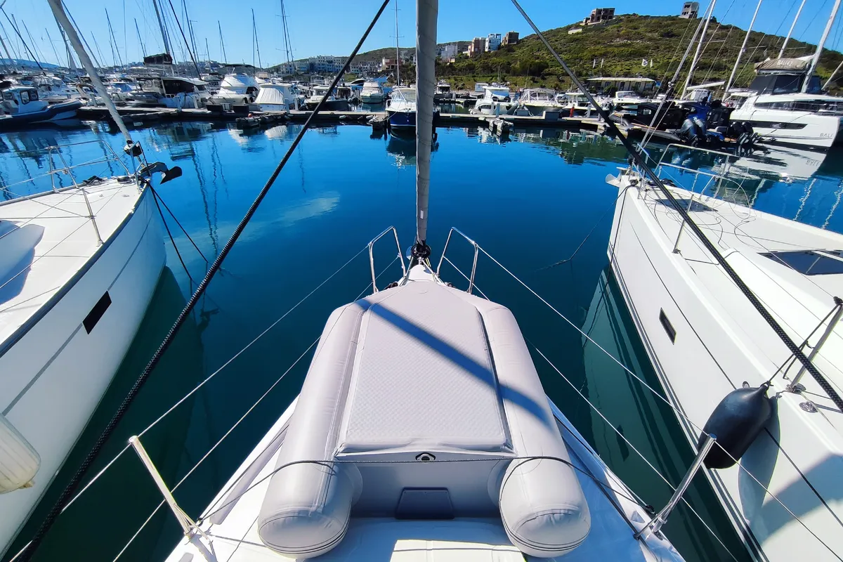 Deck of Fizzy, a Beneteau First 36 sailboat at Lavreotiki Municipal Unit, Greece