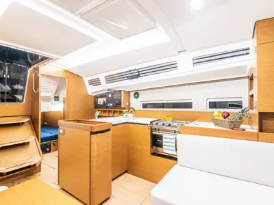 Galley of Emotion, a Jeanneau Sun Odyssey 410 sailboat at Lavreotiki Municipal Unit, Greece