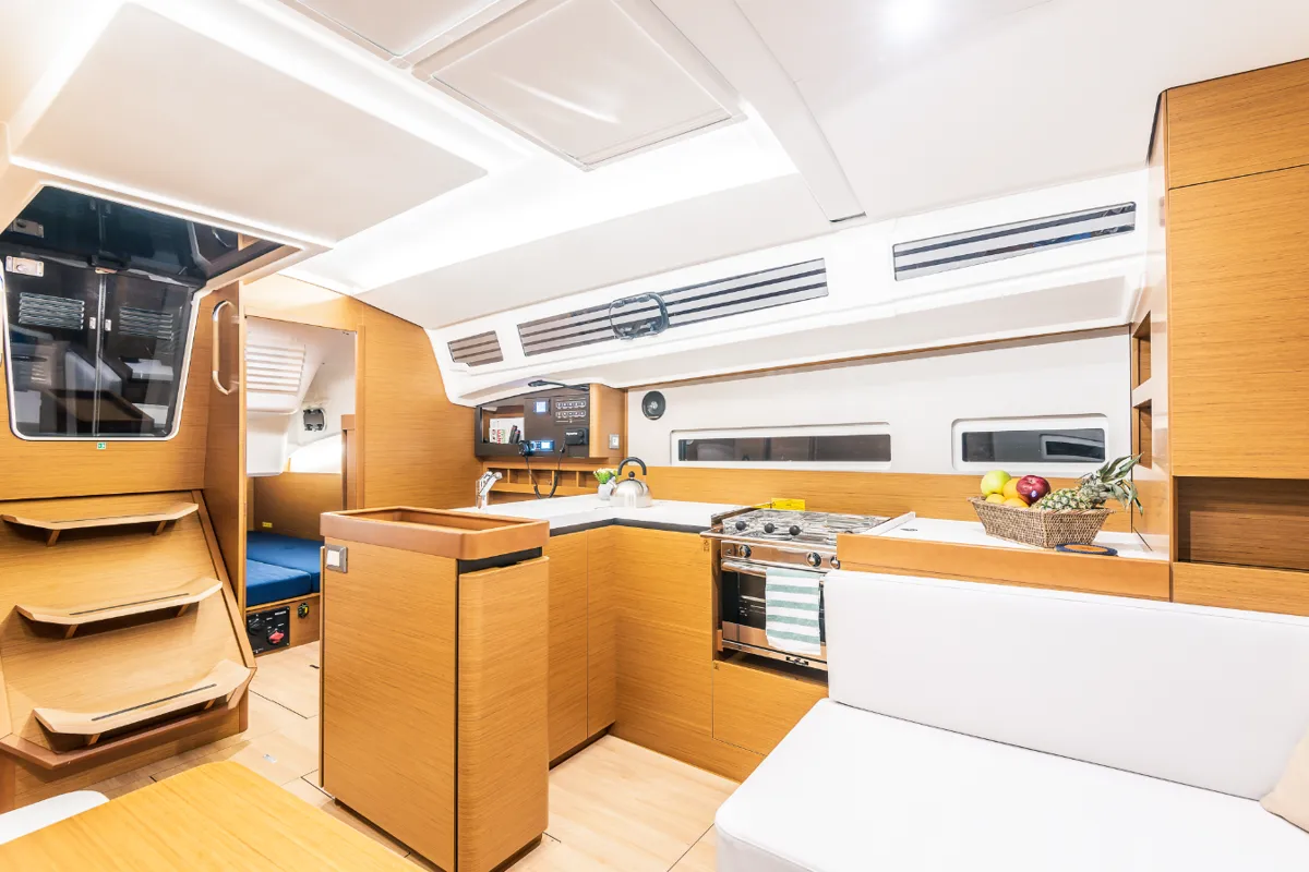 Galley of Emotion, a Jeanneau Sun Odyssey 410 sailboat at Lavreotiki Municipal Unit, Greece