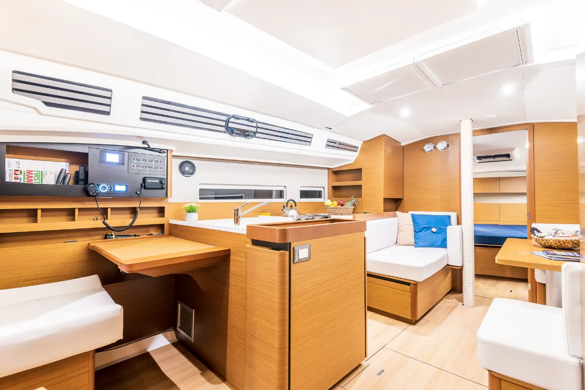 Galley of Emotion, a Jeanneau Sun Odyssey 410 sailboat at Lavreotiki Municipal Unit, Greece