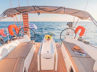 Cockpit of Emotion, a Jeanneau Sun Odyssey 410 sailboat at Lavreotiki Municipal Unit, Greece