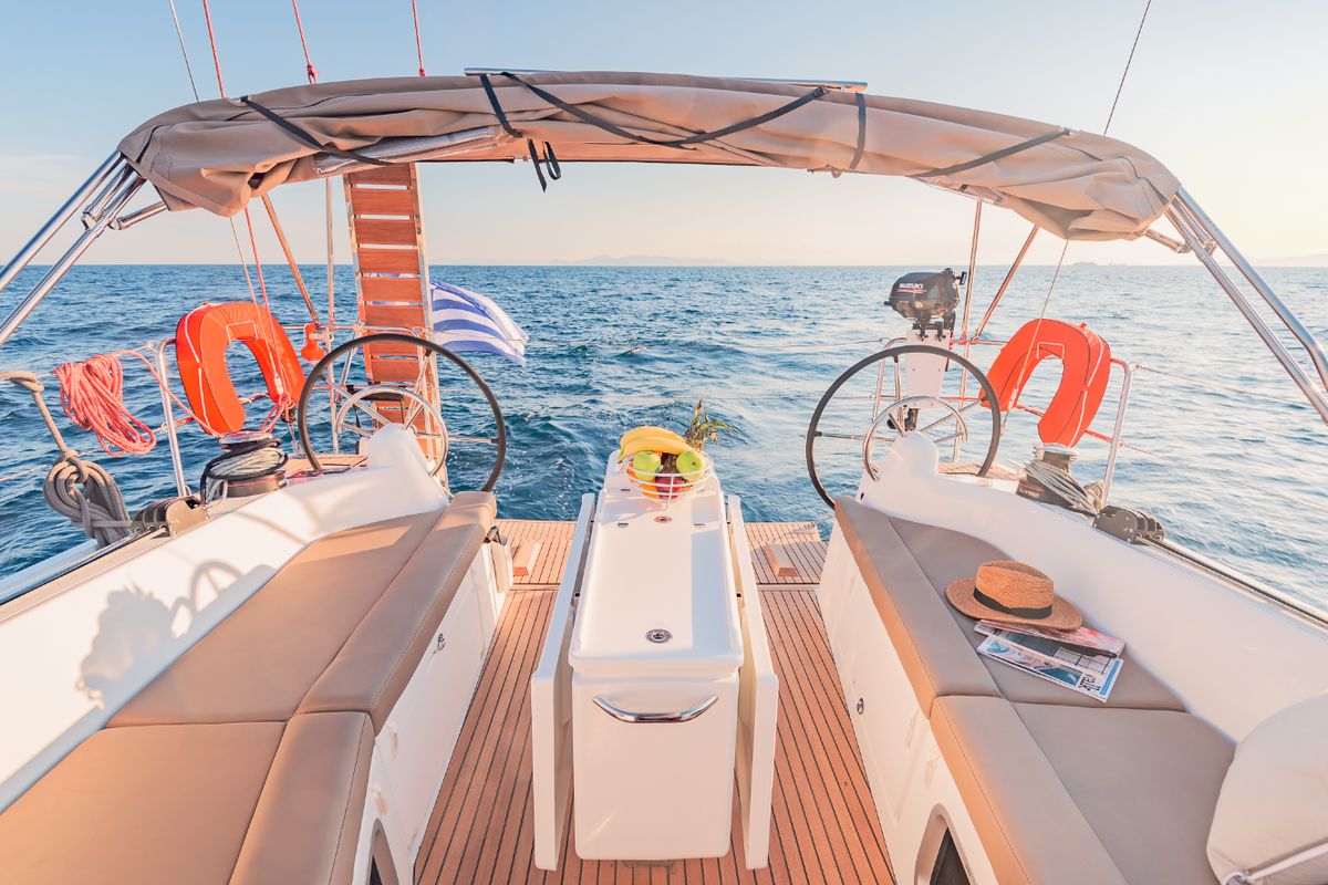 Cockpit of Emotion, a Jeanneau Sun Odyssey 410 sailboat at Lavreotiki Municipal Unit, Greece