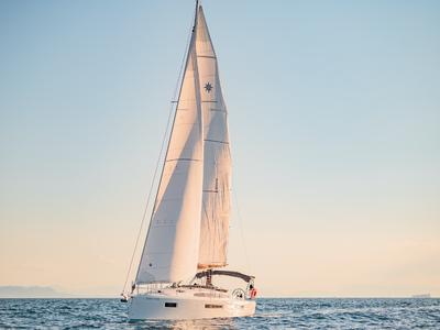 Deck of Emotion, a Jeanneau Sun Odyssey 410 sailboat at Lavreotiki Municipal Unit, Greece