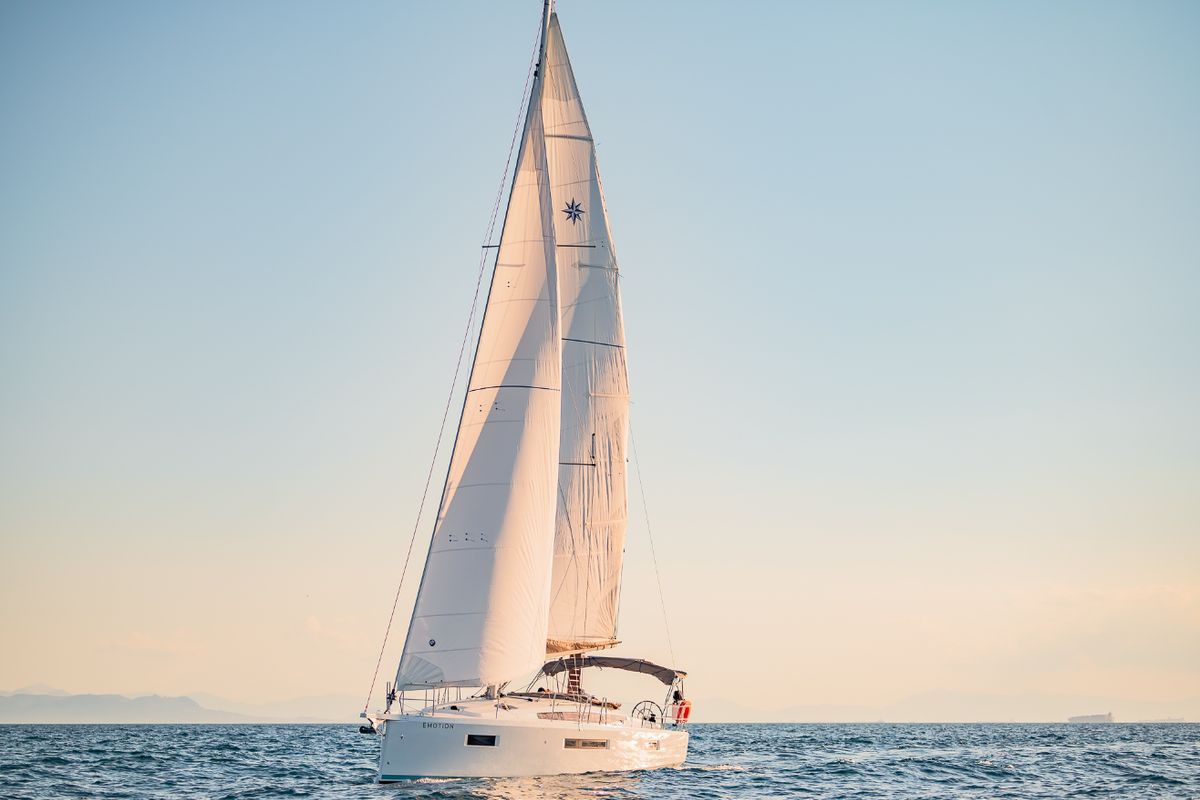 Deck of Emotion, a Jeanneau Sun Odyssey 410 sailboat at Lavreotiki Municipal Unit, Greece
