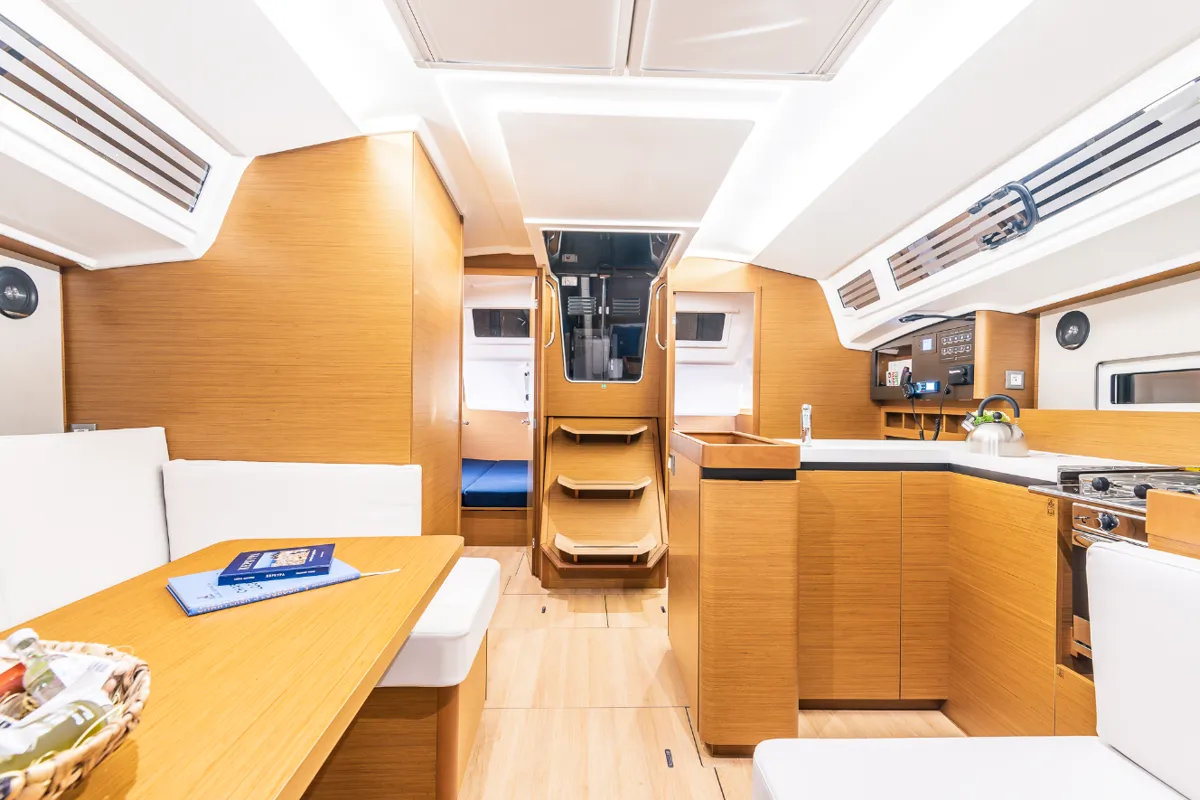 Galley of Emotion, a Jeanneau Sun Odyssey 410 sailboat at Lavreotiki Municipal Unit, Greece