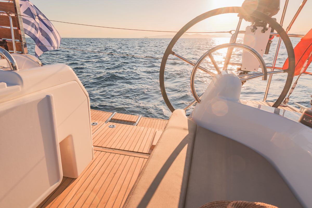 Cockpit of Emotion, a Jeanneau Sun Odyssey 410 sailboat at Lavreotiki Municipal Unit, Greece