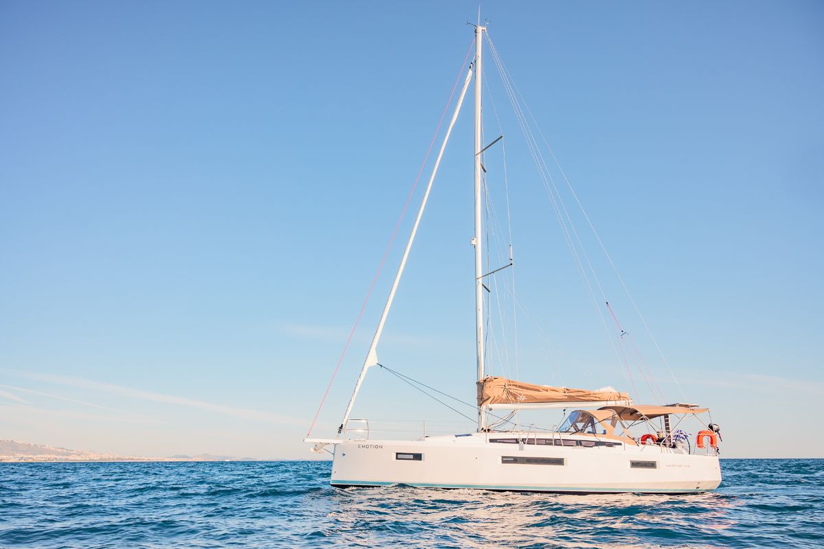 Exterior view of Emotion, a Jeanneau Sun Odyssey 410 sailboat at Lavreotiki Municipal Unit, Greece