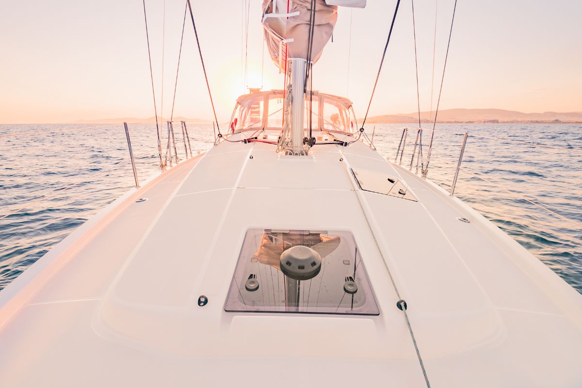 Deck of Emotion, a Jeanneau Sun Odyssey 410 sailboat at Lavreotiki Municipal Unit, Greece